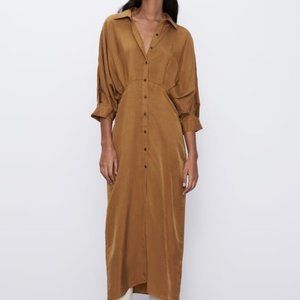 ZARA - NWT - PLEATED SHIRT DRESS Toffee - XS